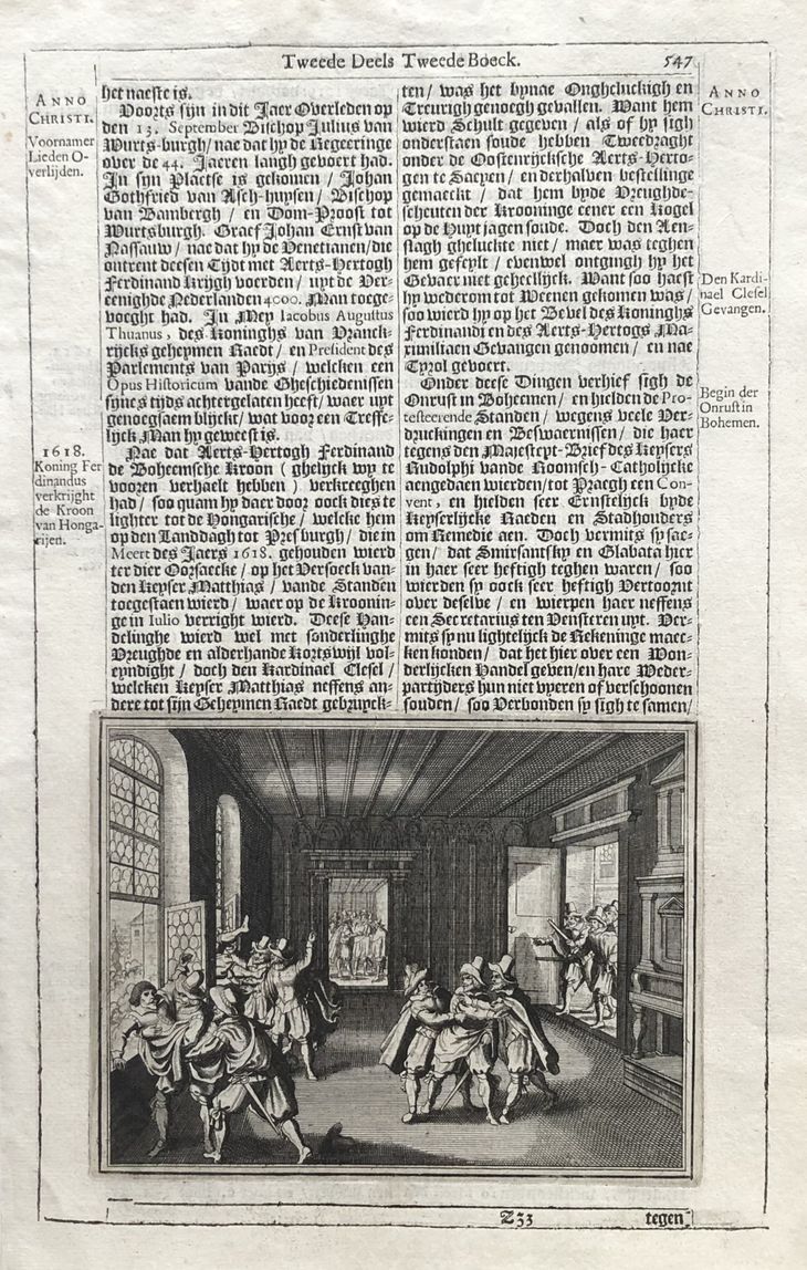 Pražská defenestrace v roce 1618 z díla Theatrum Europaeum - 1